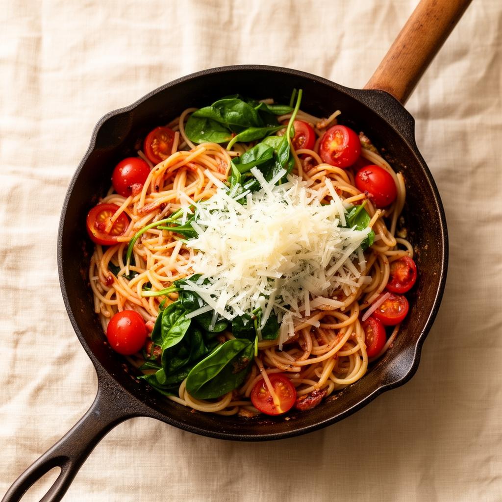 One-Pan Pasta mit Tomate & Spinat
